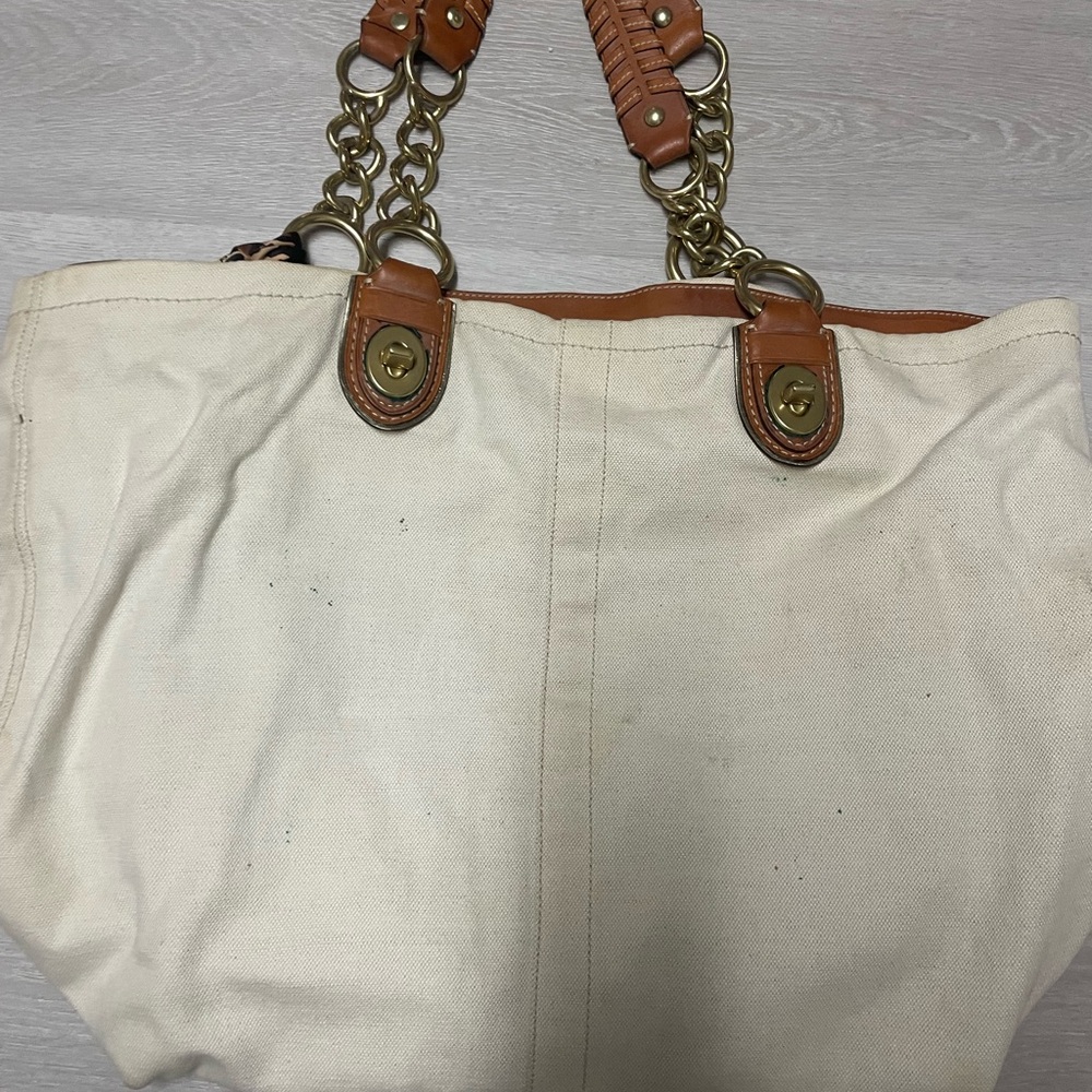 Coach Cream Tote with Yellow Stripe and Leopard Accent - Picture 3 of 5